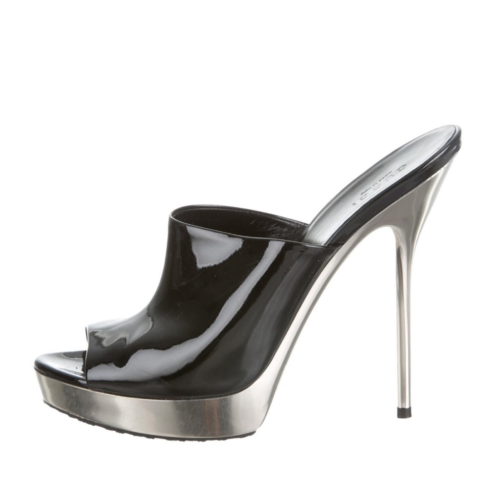 Authentic Gucci Patent Black & Silver Slides Heels 8 38